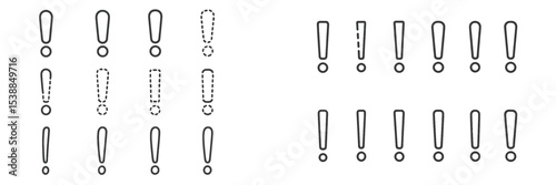 Creative display of exclamation marks arranged in various styles on a light background during a conceptual design project