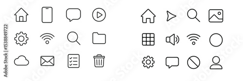 Simple set of line icons representing various digital activities and elements in a modern interface design for user interaction