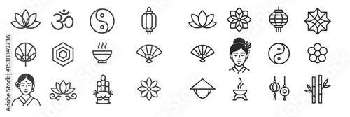 Collection of minimalist Asian-inspired symbols showcasing peace, balance, and nature in a harmonious arrangement