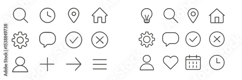 Minimalist icons representing various concepts including search, time, location, and user interaction designed for user interface applications