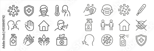Collection of health and safety icons illustrating hygiene and protective measures during a pandemic