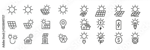 Solar energy icons collection showcasing various renewable energy concepts and sustainability practices