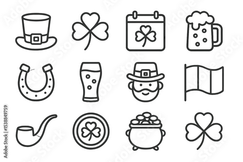 Collection of St. Patrick's Day symbols featuring a hat, shamrock, beer, and festive items for celebration