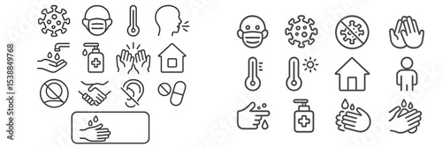 Health and safety icons illustrating hygiene practices and disease prevention measures during health crises