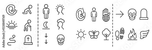 Visual representation of life stages, emotions, and symbols in simple line art drawing