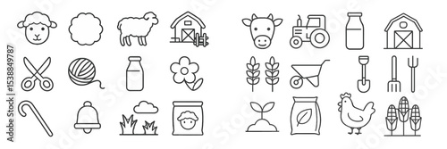 Illustrations of farm life including animals, tools, and crops in a simple line drawing style