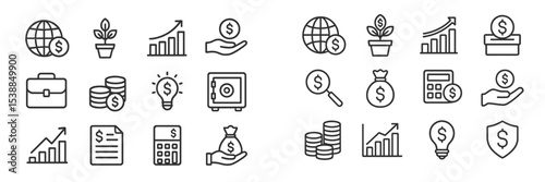 Various financial icons representing growth, investment, and savings in a minimalist style