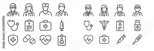 Collection of medical and healthcare icons illustrating various professions and equipment