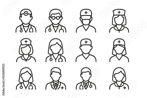 Healthcare professionals in simple line art design representing various roles in medicine and nursing