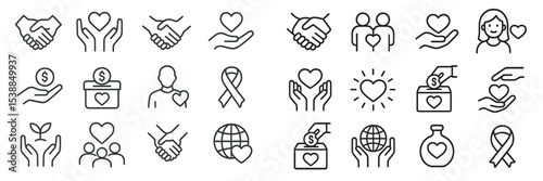 Collection of donation and support themed icons representing charity, community, and compassion in a minimalist style