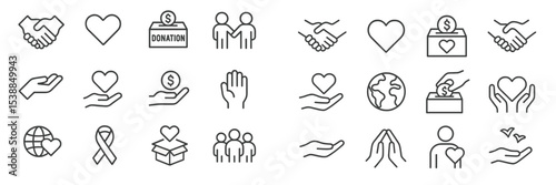 Icons representing donations, charity, and community engagement during a fundraising event in a contemporary style