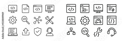 Various coding and technology icons representing software development activities and tools for web programming