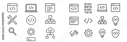 Collection of coding icons representing software development, data structures, and web design activities in a modern tech environment