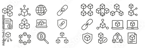 Various blockchain technology icons illustrating connections, security, and decentralized networks in a digital context