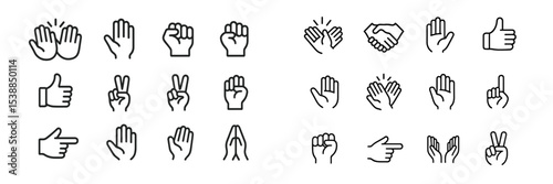 Variety of hand gestures represented with simple line icons, showcasing communication and expression in various contexts