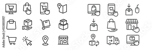 Collection of shopping and delivery icons illustrating online retail and ecommerce services in a modern, minimalistic style