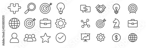 Icons representing business success with teamwork, strategy, and innovation in a modern digital context