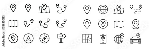 Various navigation icons displaying maps, locations, and travel symbols for digital applications and web design
