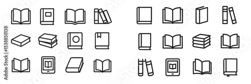 Collection of various book icons showcasing different types, designs, and orientations useful for digital and print media