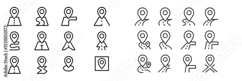 Collection of location pin icons depicting various activities and directions in a minimalist style
