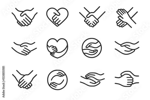 Various hand illustrations symbolizing unity, support, and collaboration in a minimalist design style
