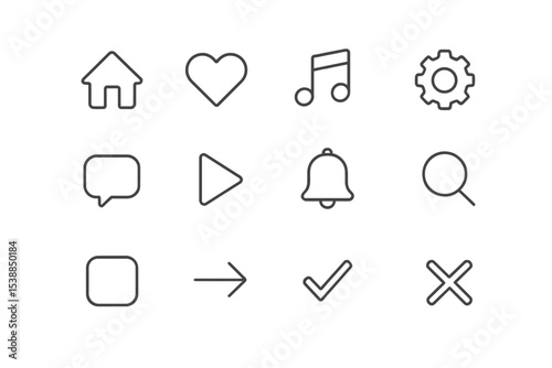 Icons representing various functions for user interface design, showcasing simplicity and clarity for digital applications