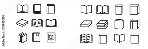 Collection of various book icons showcasing different styles and formats in a minimalist design suitable for digital or print uses