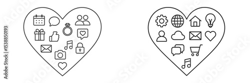 Heart-shaped collection of icons representing various activities and concepts in daily life