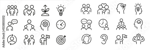 Collection of minimalist icons illustrating teamwork, growth, and communication in a modern design style