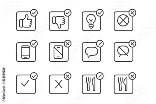 Collection of simple icons displaying feedback options and actions used in digital interfaces