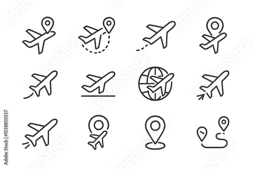 Collection of airplane icons representing travel, navigation, and exploration in various styles and designs for digital use