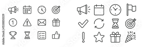 Icons representing various activities and concepts for organization and celebration including time management and achievements