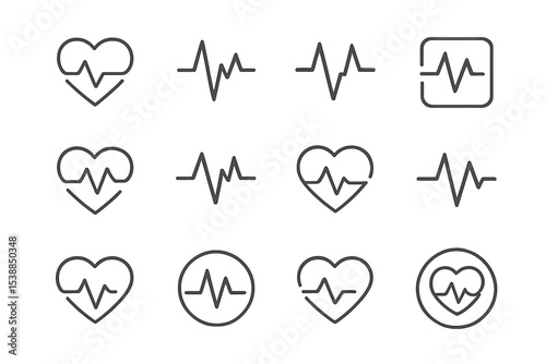Various heart rate and health icons arranged in a grid showcasing lifeline motifs and heart symbols in a minimalist style