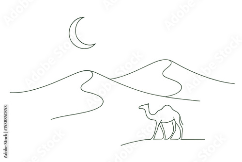 Silhouetted camel walks across sandy dunes under a crescent moon in a serene desert landscape