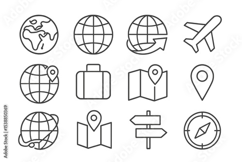 Global travel icons depicting earth, maps, and navigation tools for wanderlust and exploration enthusiasts