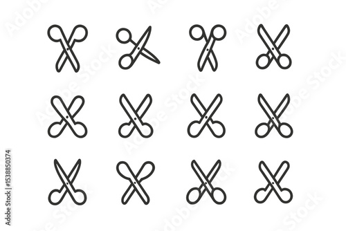 Group of cutlery scissors arranged in a grid pattern showcasing various orientations and designs