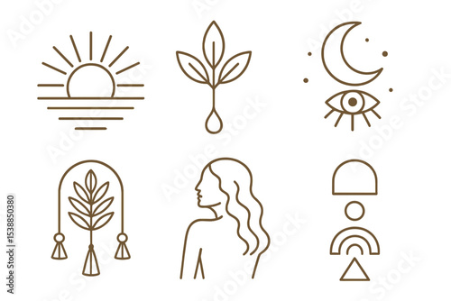 Illustrations of natural elements and human forms in a minimalist and modern aesthetic