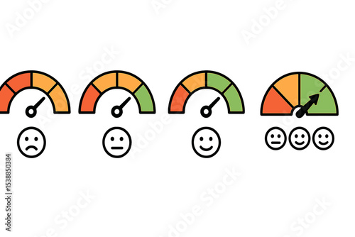 Visual representation of satisfaction levels using smiley faces and gauges in a simple graphic design
