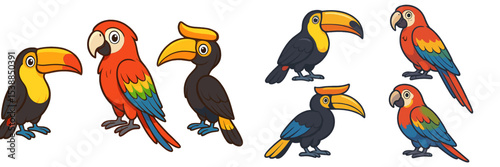 Colorful cartoon parrots and toucans gathered in a tropical setting showcasing vibrant feathers in a cheerful tropical environment