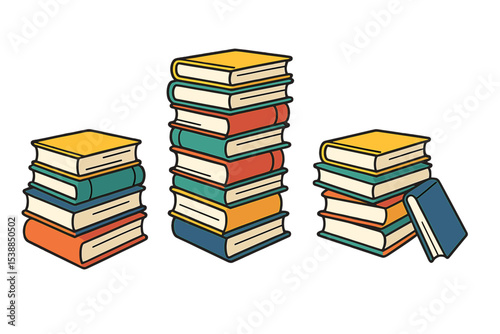 Stacks of colorful books displayed on a plain background for educational and creative purposes