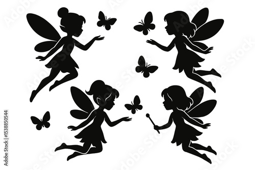 Four playful fairies interacting with butterflies in a whimsical, enchanted setting
