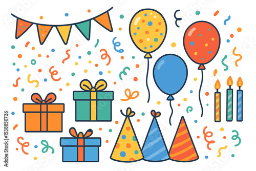 Colorful celebration elements with balloons, gifts, and party hats for a festive event
