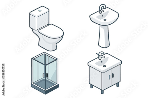 Various bathroom fixtures including a toilet, sink, shower enclosure, and vanity cabinet in modern style design