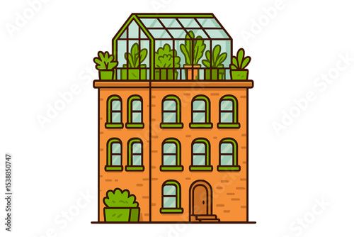 Modern building with rooftop greenhouse filled with greenery, featuring large windows and vibrant plants in a sunny urban setting