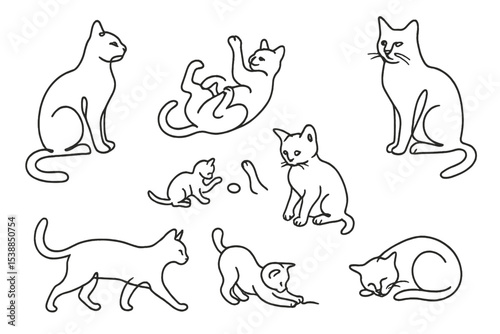 Cute cats playing and lounging in various positions, showcasing their playful and relaxed nature in a minimalist style