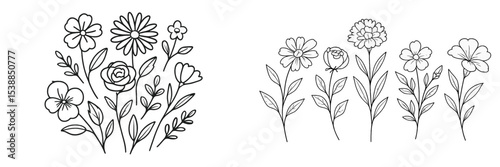 Collection of simple line drawings featuring diverse flowers and plants in a whimsical style, showcasing creativity in floral design
