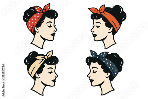Vintage hairstyle inspiration with colorful polka dot headbands in four different styles