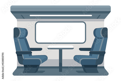 Modern train interior features empty seats and a table, showcasing a clean and minimalist design suitable for passengers traveling at any time