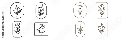 Floral line art designs showcasing various flower arrangements in minimalist style for decorative use