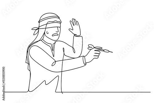 Person with blindfold showing emotion while pointing, expressing frustration during a challenging task